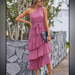 PrettyGarden | Elegant One-Shoulder Floral Dress in Red/Purple | size S